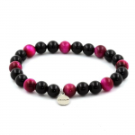 Pierres et Min&eacute;raux. Bracelet Perles Oeil de Tigre Fuschia + Agate noire 8 mm. Fabriqu&eacute; en France.
