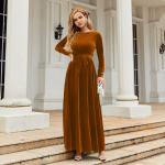 Suures suuruses s&uuml;gisene ja talvine naiste kleit Elegantne temperament Kuulsuste stiilis pikk kleit Kuldse sametiga puhtav&auml;rvilised Premium Feeling kleidid XL pruun