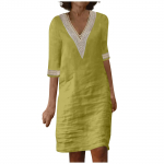 Naiste pits&otilde;mblustega V-kaelusega tikitud peen tikitud pits l&uuml;hikeste varrukatega puuvillane linane kleit suvine linane kleit L