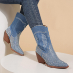 Cowboy L&auml;&auml;ne Saapad S&uuml;gis Talv Terava Ninaga Patchwork Kivid Keskp&otilde;lve Saapad Mugavad K&otilde;ndimiseks Tikitud Naiste Saapad 36 denim sinine v&auml;rv