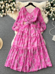S&uuml;gis Vintage Naiste Lilleline Midi Kleit Elegantne V-kaelusega Laterna Pikkade Varrukatega Volangiga &Auml;&auml;r A-l&otilde;ikeline Uued Kleitid Naisele One Size roosa punane v&auml;rv
