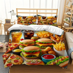 3-osaline voodipesukomplekt hamburgeri ja praekana kiirtoidumustriga, sisaldab tekikotti ja kahte padjap&uuml;&uuml;ri EU Single(135*200cm)3pcs