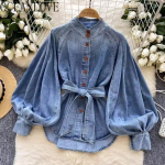 Teksas&auml;rgid&pluusid Naiste Topid S&uuml;gis Kevad Laternsih&uuml;ljes Retro &Uuml;hev&auml;rviline P&uuml;stkrae Sidumisega &Scaron;ikk Camisas XS