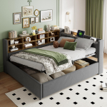 Polsterdatud diivanvoodi 140*200cm, H&uuml;drauliline hoiuruum, &Ouml;&ouml;lamp, USB/Type-C laadimisport, Riiulid ja sahtlid, Polsterdatud peatsi, Samet tumehall 214.5 x 150.5 x 81 cm hall