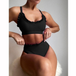 Push Up ujumistrikoo naistele bikiinid k&otilde;rge v&ouml;&ouml;kohaga bikiinikomplekt, volangidega ujumisriided suvised ujumisriided rannariided ujumistrikoo bikiinid S must