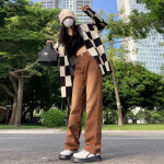 Suvised naiste pruunid teksad k&otilde;rge v&ouml;&ouml;kohaga lahtised sirged laiad teksad, naiste Y2k vabaaja t&auml;navar&otilde;ivad, vintage kottis p&uuml;ksid S pruun