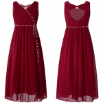 Laste t&uuml;drukute suvine pulmakleit, varrukateta, helmestega &scaron;ifoonist pruutneitsi kleit 13-14 Years burgundiapunane