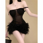 Seksikas seljataga v&otilde;rkkleit Sulgedega Must pits Bodycon Wrap &otilde;hukese kattega Mini l&uuml;hikesed kleidid &Ouml;&ouml;klubi peokomplekt S must