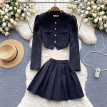 Prantsuse elegantne kaheosaline kontorikomplekt Naiste n&ouml;&ouml;pidega vintage topid, plisseeritud miniseelik, naiste mood lapikujuline disain vabaaja komplektid 2024 uus S must