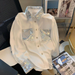 Prantsuse Splicing Sequin White s&auml;rk Kevadine moekas ja elegantne pikkade varrukatega naiste pluus Uus tipptasemel Feeling Blusas onesize valge