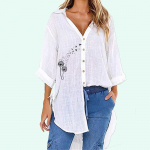 Naiste mood poolvarrukatega T-s&auml;rk Suvine ja s&uuml;gisene vabaaja V-kaelusega &uuml;laosas tr&uuml;kitud n&ouml;&ouml;pidega s&auml;rk lahtised pikad pluusid S valge