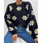 S&uuml;gis Talv &Uuml;mara kaelusega Kootud Pullover Kampsun Naiste Mood Armas Pikkade varrukatega Vabaaja Kampsunid Naiselik Kr&uuml;santeemimustriga Soe Kudum &Uuml;laosad 24638 3XL must