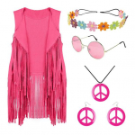 5 tk/komplekt naiste vest peapaelaga p&auml;ikeseprillid kaelakee ja k&otilde;rvar&otilde;ngad tutt kardigan vest Retro 60ndate 70ndate tantsupeo disko kost&uuml;&uuml;m Halloweeni M must
