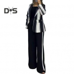 2 tk/komplekt Naiste pidulik mantel ja p&uuml;ksid komplekt Pikkade varrukatega V&auml;rviplokk Triibuline Rev&auml;&auml;riga Kampsun Keskmise pikkusega Jakk L&otilde;hikuga Laia s&auml;&auml;rega K&otilde;rge v&ouml;&ouml;kohaga P&uuml;ksid Pidulik S khaki