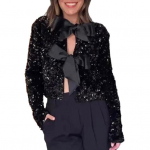 Naiste s&uuml;gistalvine k&auml;rbitud mantel O-kaelusega pikkade varrukatega Seksikas &ouml;&ouml;klubimantel litrid Bowknot pitsitud Glitter Cardigan Party Club &uuml;ler&otilde;ivad L must