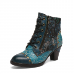 Johnature Vintage lillelised ehtsast nahast lapiga needi k&auml;sitsi valmistatud k&otilde;rge kontsaga naiste l&uuml;hikesed saapad 38 sinine