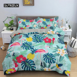 Flamingo Voodipesukomplekt Lilla Troopiline Botaaniline Voodipesukomplekt Korall Flamingo Pehme Hingav Queen King Pol&uuml;ester Tekikott EU single(135x200cm)