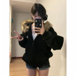 Naiste Must Paks Lukuga Kapuutsiga Pusa Vintage Korea Preppy Stiilis Kunstkarusnahast Mantel &Uuml;lisuur Vabaaja Dressipluus Harajuku S&uuml;gis Talv M