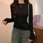 New blue curled round neck long-sleeved T-shirt for women in spring and autumn, waist slimming, slim-fitting inner layering shirt top S