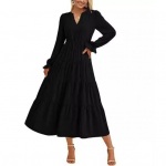 Kevadine kleit Plisseeritud lapitehnikas &auml;&auml;ris A-l&otilde;ikeline suure lehviga midikleit V-kaelusega pikkade puhvvarrukatega lendlev kleit k&otilde;rge v&ouml;&ouml;kohaga &uuml;hev&auml;rviline kleit kohtingute jaoks S must