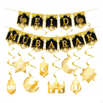 Eid Mubarak Banner Garland Black and Gold Ornaments Ramadan Decorations Hanging swirls for Indoor