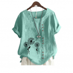 Naiste mood puuvillane linane pluus Suvine ja s&uuml;gisene &uuml;mara kaelusega l&uuml;hikeste varrukatega topp Laides Casua lillemustriga lahtine T-s&auml;rk S pruun