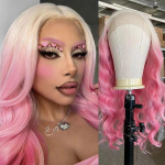 Blondist roosaks Ombre roosa parukas kehakujuline laineline s&uuml;nteetiline pitsfrontparukas loomulik pikk juus kuumakindel kiud Cosplay meik naistele 18inches-Lace Front-150%