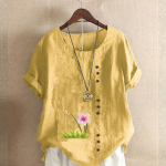 Naiste uus moodne linane &uuml;mmargune kaelus l&uuml;hikeste varrukatega lilledega T-s&auml;rk Suvine naiste vabaaja suures suuruses pluustopid 3XL sinine