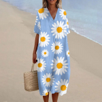 Naiste vabaaja mood V-kaelusega tr&uuml;kimustriga kleit rannaseelik L sinine