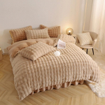 Premium Talvine J&auml;nese Karusnaha Pl&uuml;&uuml;sist Neljaosaline Komplekt: Paksustatud korallfliisist ja piimasametist tekikott koos kunstkarusnahast kolmeosalise voodilinade komplektiga. 1.8m (6ft) Bed
