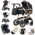 BAZARLAND30.Poussette Luxueuse 3 en 1 pour B&eacute;b&eacute;, Portable, Voyage, Pliable, Cadre Aluminium, pour Nouveau-N&eacute;.Noir must