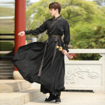 Meeste Hiina stiilis Hanfu komplekt, Vana Wuxia v&otilde;itluskunstide kost&uuml;&uuml;m, Tikandiga igap&auml;evane riietus 2XL must
