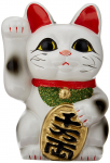 Valge parema k&auml;ega lehvitav Tokoname Maneki-neko (viipav kass) Ei. 4, raha, kaup. valge
