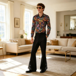 Meeste Retro 70ndate Stiilis Disko Kost&uuml;&uuml;mikomplekt Pikkade Varrukatega S&auml;rk Paisley Prindiga ja Laia S&auml;&auml;raga P&uuml;ksid Halloweeni Pidudeks ja Etendusteks L sinine