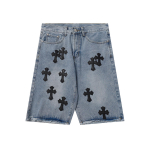 9919 CHROME HEARTS Meeste heleda pesuga teksap&uuml;ksid mustade ristimustritega Kotid Streetwear Jorts 28