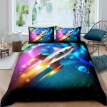 Raketi Tekikate Komplekt King Size Kosmoselaeva Voodipesu Komplekt Twin Mikrofiiber V&auml;lisruum Galaktika T&auml;hed Planeet Multikastiililine Tekikate EU single(135x200cm)