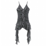 Karrcat Gothic Ruffles Kleit Haldjas Grunge Bandage Minikleit Varrukateta Irreular V-kaelusega kookkleit Emo Alt Riided Vintage Goth M hall