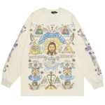 DRIPX Meeste Retro Streetwear T-s&auml;rk Jumalate Graafiline Hip Hop T-s&auml;rk Rist Casual T-s&auml;rk Pikkade varrukatega Puuvillased Topid T-s&auml;rgid Unisex Hipster Beež M beež