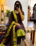 Raske Kanchi puuvillane naiste sirge kurta komplekt India etniline kurti dupattaga komplekt M-38 kohv