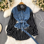 Kevadine ja s&uuml;gisene Korea retro v&otilde;ltsing, kaks lahtist teksavest, &otilde;mmeldud triibuline s&auml;rk Naiste vabaaja ebaregulaarne s&auml;rk One Size must
