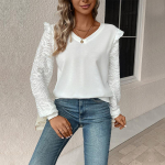 YYFS naiste moe vabaaja &uuml;hev&auml;rviline printimine kevad-s&uuml;gis pikkade varrukatega V-kaelusega pulloverid ja pikad varrukad S valge