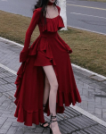 S&uuml;gispunane vintage elegantne kleit naiste laineliste varrukatega Disainer magus pikk kleit Naiste volangidega Retroprintsessi ebaregulaarne kleit L punane