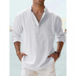 Uued puuvillased linased meeste s&auml;rgid vabaaja s&auml;rgid Kerged pikkade varrukatega Henley rannas&auml;rgid Hawaii T-s&auml;rgid meestele T&auml;navar&otilde;ivad US XL 80-90 KG valge