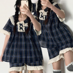 Ruudulised pidžaamakomplektid Naiste volangid Stiilsed Lihtsad Uus Vabaaja Korea stiilis Naiste Puhvvarrukad Ilusad Magusad Suvised magamisriided M tumesinine v&auml;rv