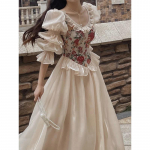 Vintage elegantne mustriga lilleline kleit naistele 2023. aasta s&uuml;gisene O-kaelusega vabaaja &otilde;htupeo midikleit Naistele puhvis varrukatega korea haldjas kleit S beež