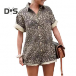 Naiste suvevann Leopardimustriline l&uuml;hikeste varrukatega, alla keeratav krae, l&uuml;hikeste varrukatega, &uuml;herealine, vaba puhkusestiilis l&uuml;hike sang S Leopard Print