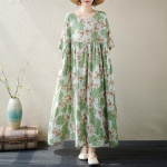 Puuvillane linane Suures suuruses Vintage tr&uuml;kitud kleidid Riietus Naiste vabaaja avar pikk suvekleit One Size punane