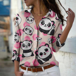 Panda Prindiga Naiste pluus Kevads&uuml;gisne Femme Office Lady Button Up Turn Down kraega s&auml;rgid XS roosa