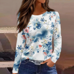 Naiste mood vabaaja l&otilde;hikuga &uuml;mmargune kaelus, pikkade varrukatega vaba tr&uuml;kiga T-s&auml;rk naiste topp L sinine