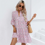 Naiste Boho lillemustriga peokleit suvine volangidega varrukatega V-kaelusega k&otilde;rge v&ouml;&ouml;kohaga kleidid naistele elegantne ranna&otilde;htukleit Vestidos 2XL tumesinine v&auml;rv
